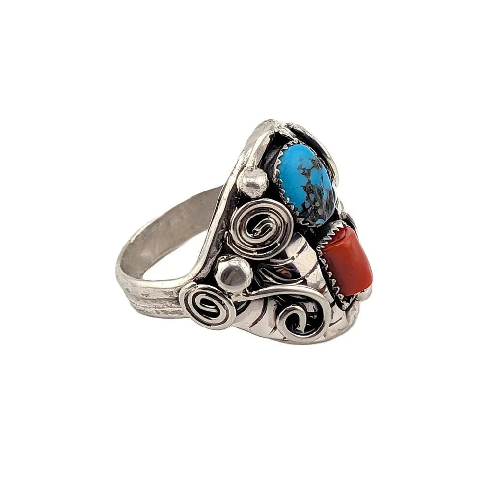 Navajo Men's Ring Sterling Silver Turquoise Coral by Lorena Brown sz 11.5 ***